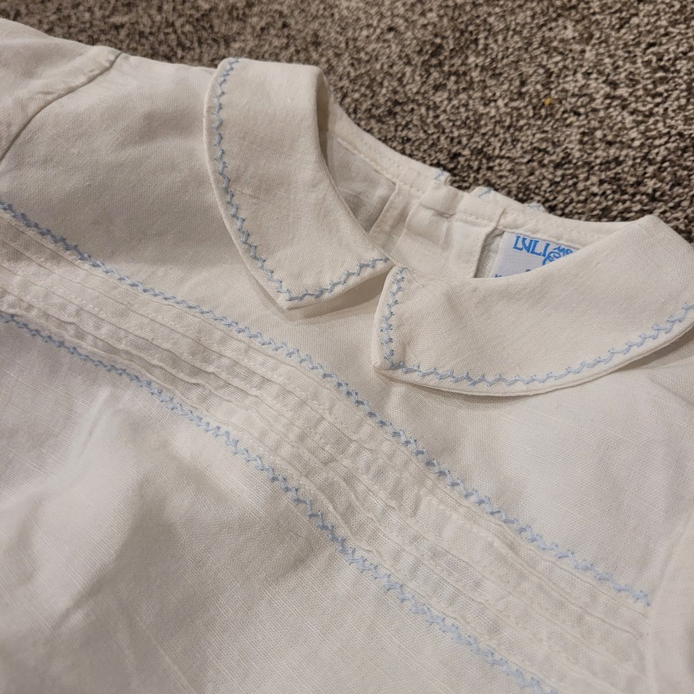 Luli & Me Boys 24M Smocked Bobby Suit Set White Blue Linen Cotton 2pc Outfit - Picture 4 of 9